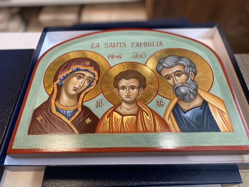 Icne Sainte Famille, visages, arc 40x30 cm