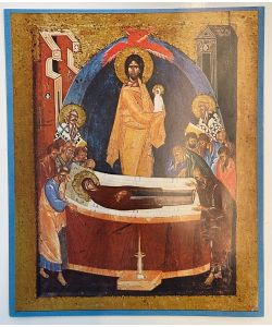 Impresin, icono Dormicin de la Madre de Dios de Tefanes el Griego siglo XIV 22,5x27cm