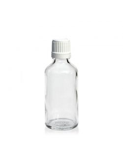 Botella de vidrio transparente con tapn de cierre a prueba de nios.