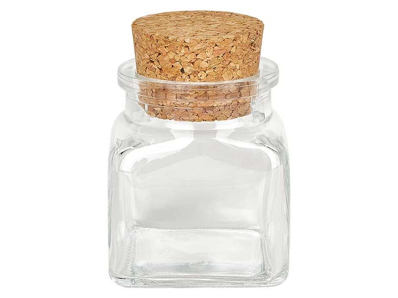 SQUARE GLASS CONTAINER, 120 ml, with cork stopper