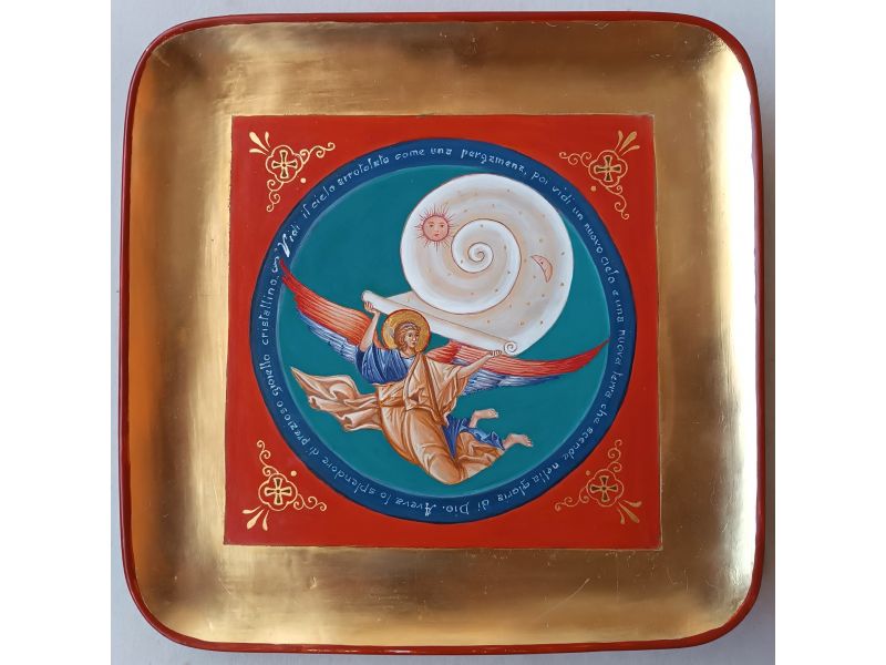 Angel with scroll, 27.5x27.5 cm, on ceramic plate