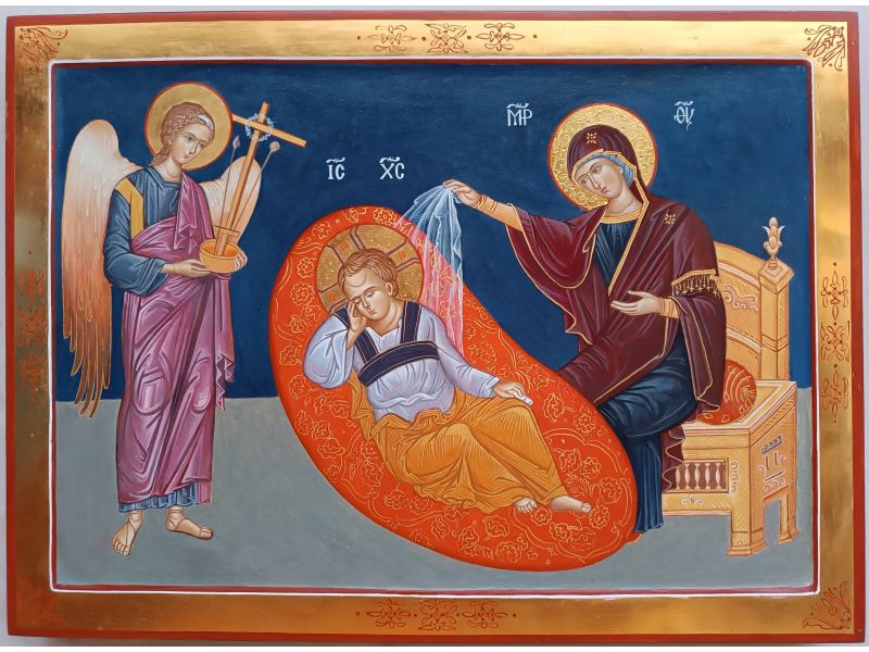 Icona Cristo Anapeson con Maria e Angelo in veglia, 52x38 cm, con culla