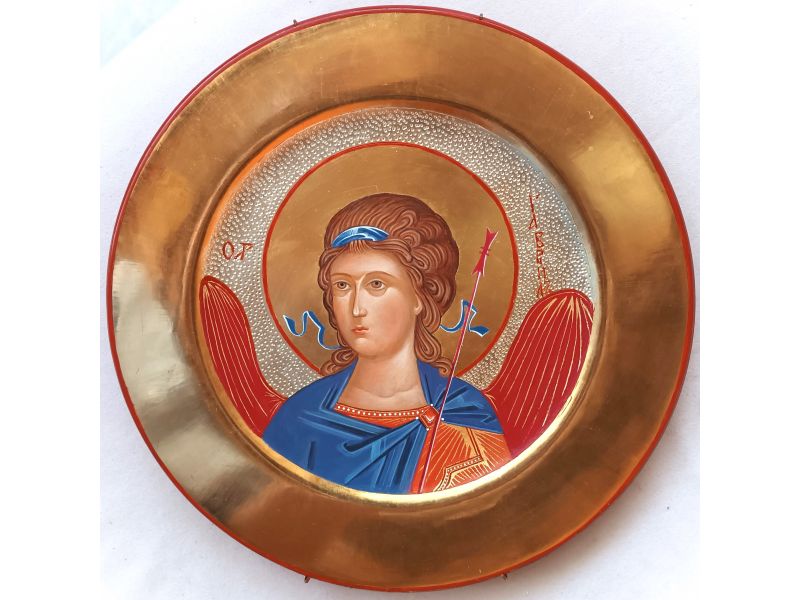 Archangel Gabriel icon, diameter 32 cm, on wooden plate