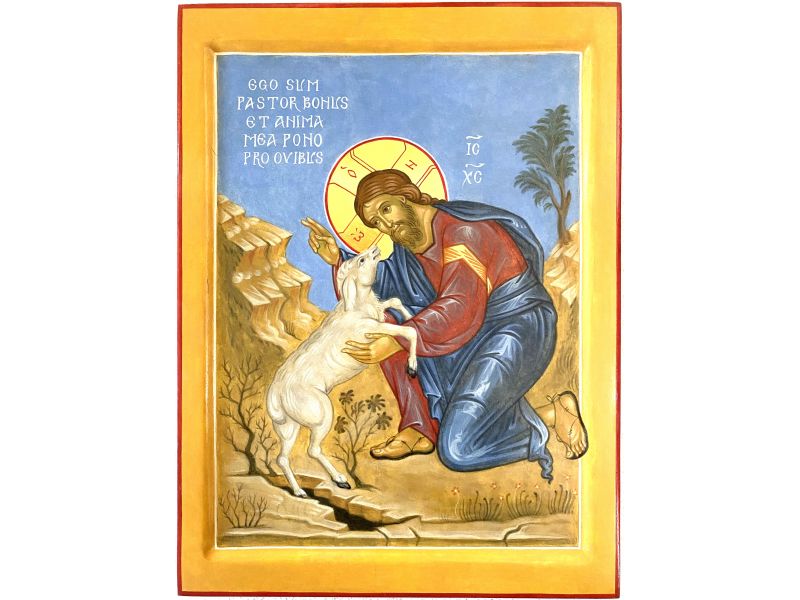 Good Shepherd icon with lost sheep, 24x32 cm, cradle, wedges