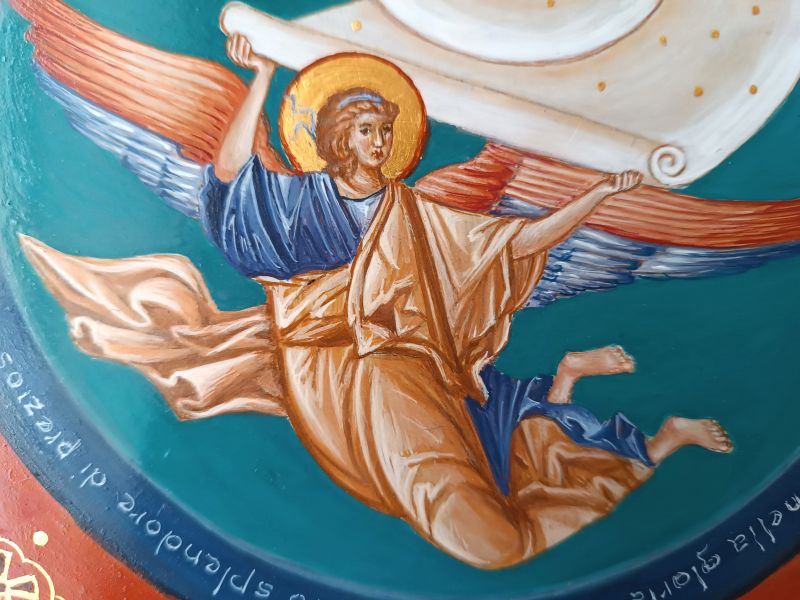 Angel with scroll, 27.5x27.5 cm, on ceramic plate