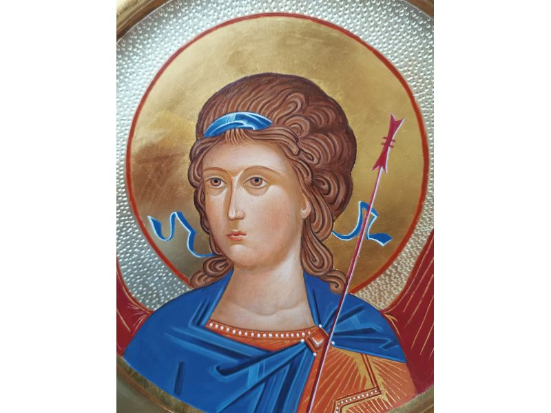 Archangel Gabriel icon, diameter 32 cm, on wooden plate