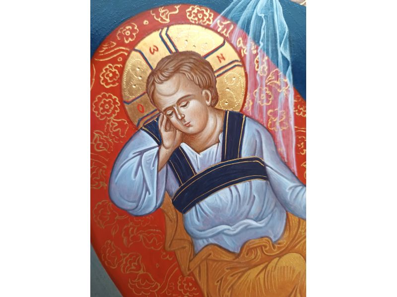 Icono de Cristo Anapeson con Mara y ngel en vigilia, 52x38 cm, con cuna