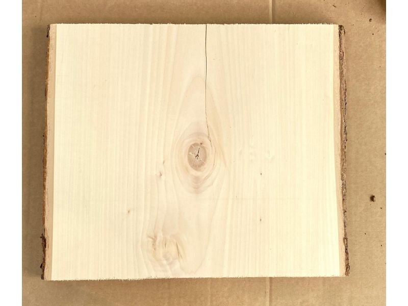 Pieza nica en madera maciza de tilo, con corteza, para pirograbado, 35x30 cm, con grieta.