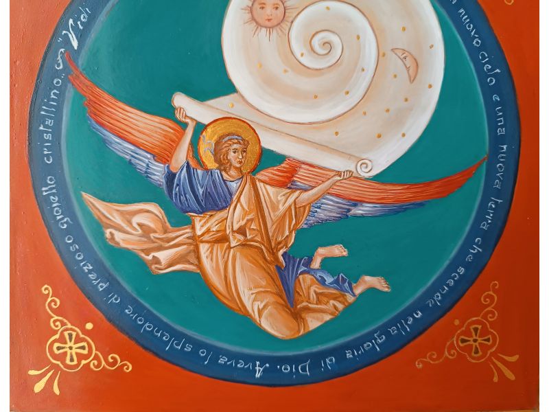 Angel with scroll, 27.5x27.5 cm, on ceramic plate