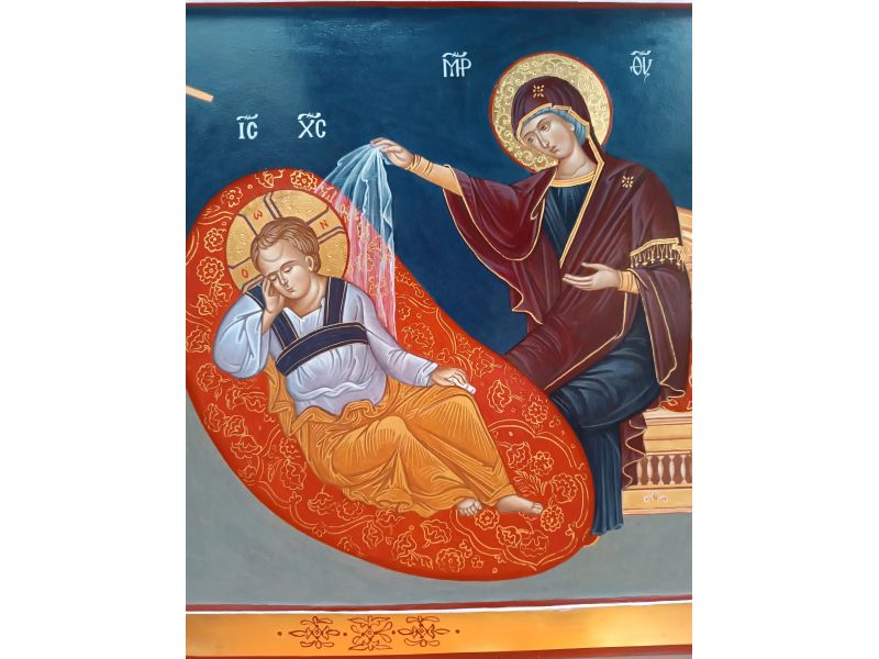 Icon of Christ Anapeson with Mary and Angel in vigil, 52x38 cm, with cradle