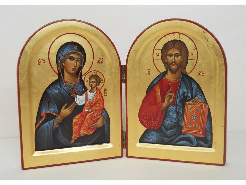 Miniatura dittico, Madre di Dio e Cristo Pantocratore 10x14 cm chiuso