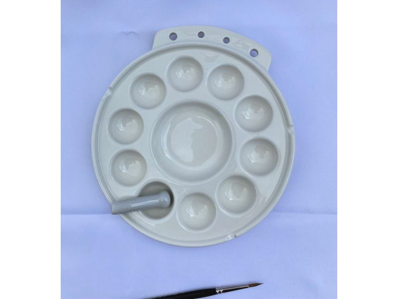 Tavolozza in ceramica rotonda da 19 cm, con 11 incavi tondi e appoggia pennelli