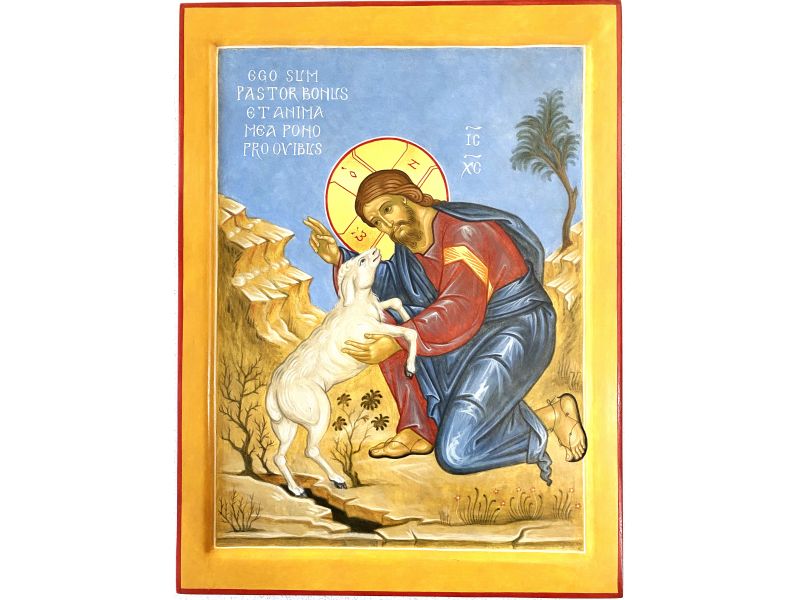 Icono del Buen Pastor con oveja perdida, 30x40 cm, cuna, cuas