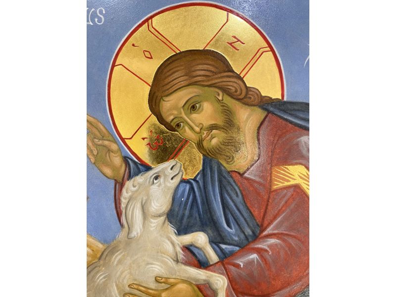 Icono del Buen Pastor con oveja perdida, 30x40 cm, cuna, cuas