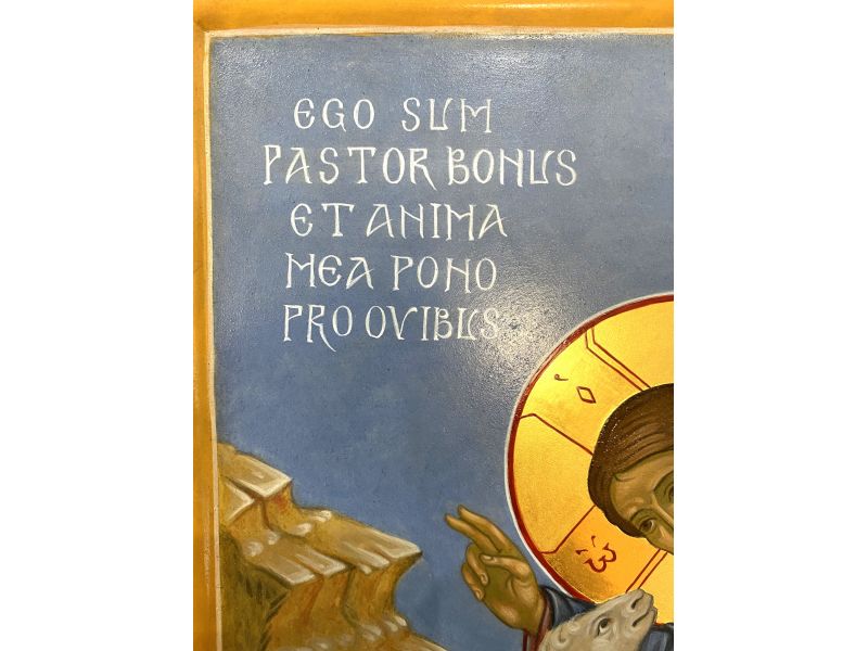 Icono del Buen Pastor con oveja perdida, 30x40 cm, cuna, cuas