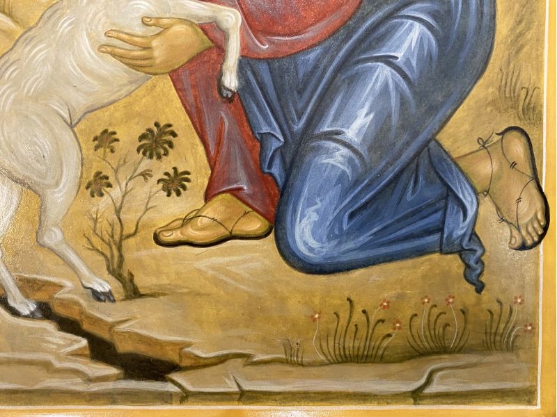 Icono del Buen Pastor con oveja perdida, 30x40 cm, cuna, cuas