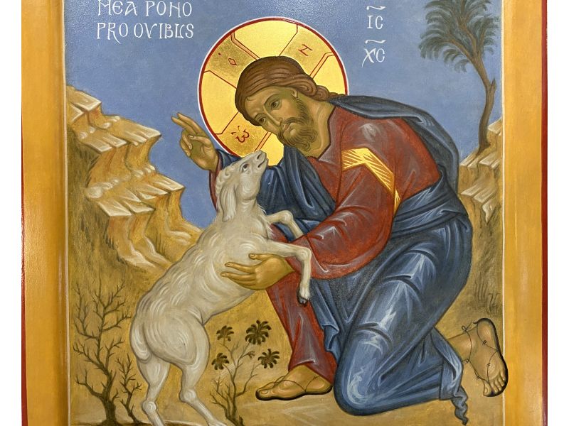 Icono del Buen Pastor con oveja perdida, 30x40 cm, cuna, cuas