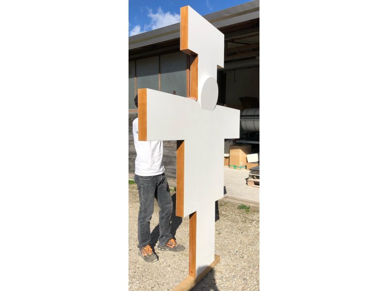 Cross S. Damiano DOUBLE-FACED, h. 230 cm, smooth, with gesso in honeycomb, with hooks for suspension