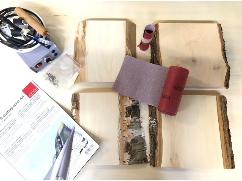 PYRO START BOX. Pyrography starter set, with pyrography pen, wood, 9 items.