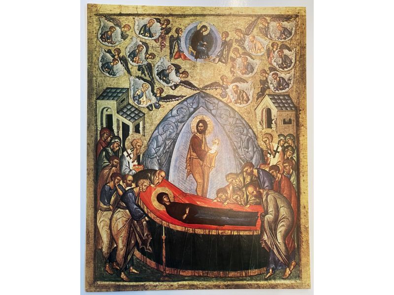 Estampe, icne impression Dormition de la Mre de Dieu cole de Dionsij 26x33 cm