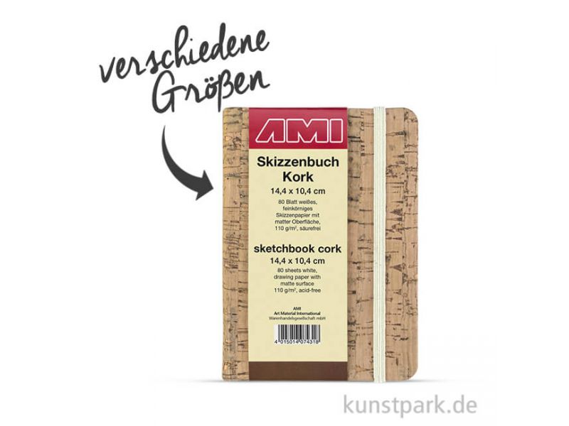 Skizzenpapieralbum A5 110 g/m2, Korkdeckel, Gummiband und Lesezeichen.
