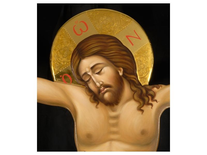 Cristo in Croce altezza 200 cm, con basamento e croce sostenitiva