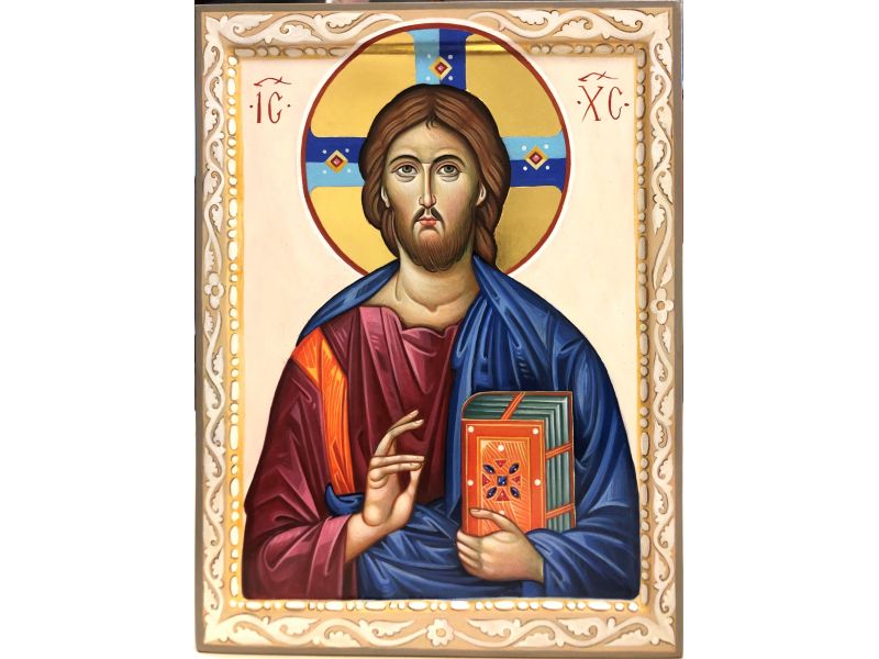 Ikone, Christus Pantokrator 24x32 cm mit Blumenschmuck