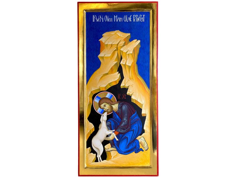 Icne du Bon Pasteur avec brebis perdue, 25x54 cm, cadre creuse, cales