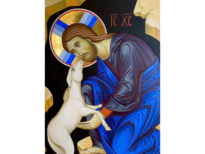 Icne du Bon Pasteur avec brebis perdue, 25x54 cm, cadre creuse, cales