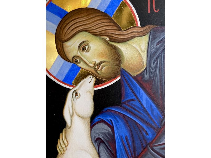 Icne du Bon Pasteur avec brebis perdue, 25x54 cm, cadre creuse, cales