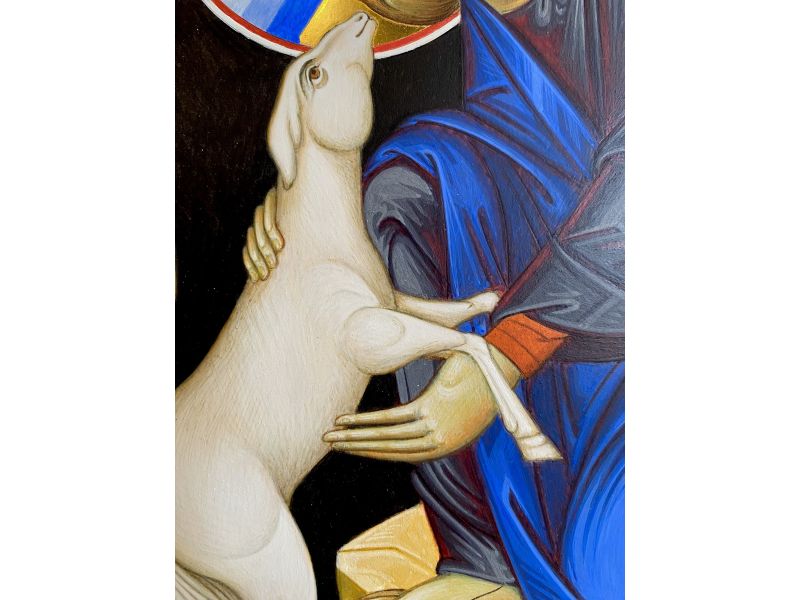 Icne du Bon Pasteur avec brebis perdue, 25x54 cm, cadre creuse, cales