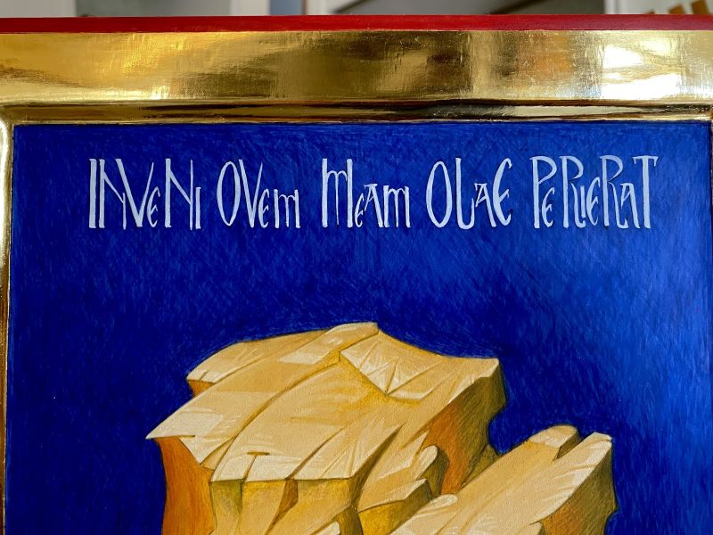 Icne du Bon Pasteur avec brebis perdue, 25x54 cm, cadre creuse, cales