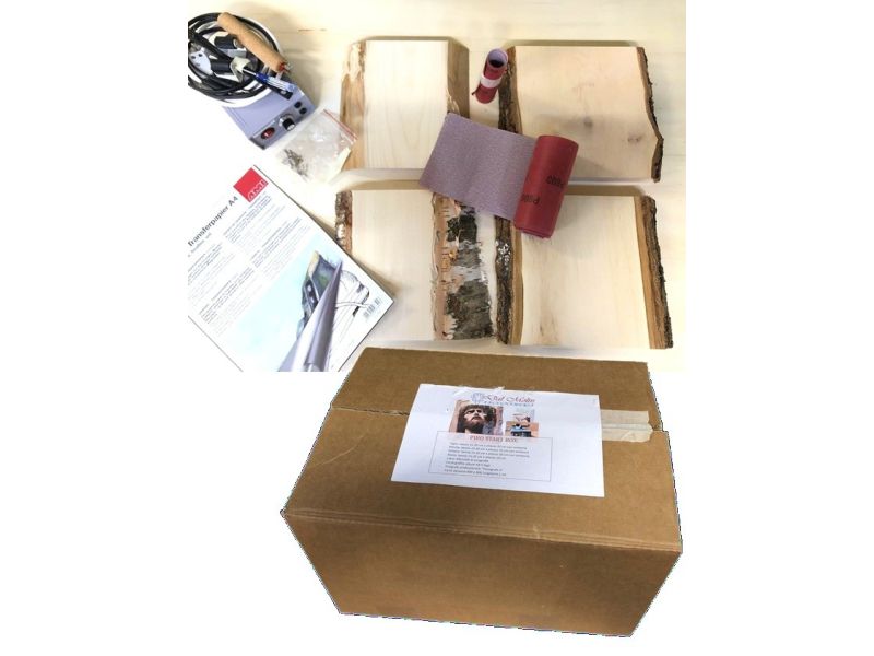 PYRO START BOX. Pyrography starter set, with pyrography pen, wood, 9 items.