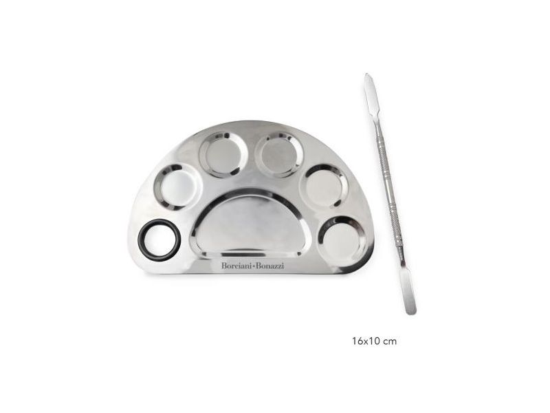 Half-moon shaped Palette with Spatula, in Steel, Borciani e Bonazzi, BIG size 16X10 cm