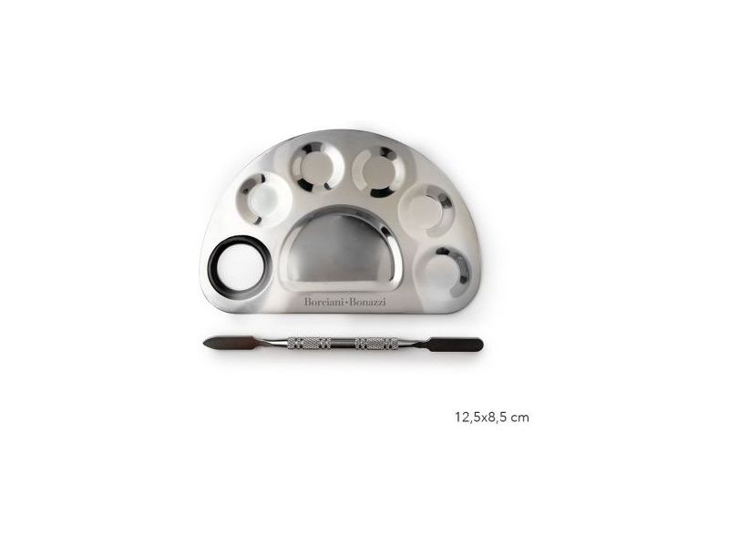 Half-moon shaped Palette with Spatula, in Steel, Borciani e Bonazzi, SMALL size 12.5x8.5cm