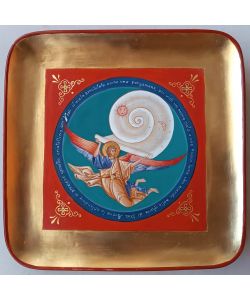 Angel with scroll, 27.5x27.5 cm, on ceramic plate
