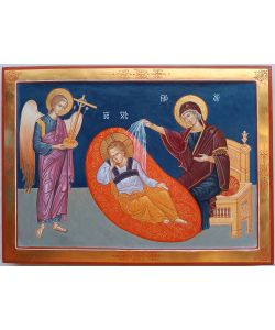 Ikone von Christus Anapeson mit Maria und Engel in der Nachtwache, 52x38 cm, mit Wiege