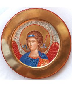 Icona Arcangelo Gabriele, diametro 32 cm, su piatto di legno