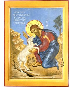 Icono del Buen Pastor con oveja perdida, 24x32 cm, cuna, cuas
