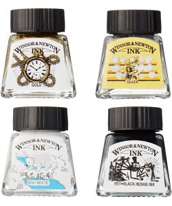 Assortment of 4 Winsor & Newton metallic inks (white, black and metallic)