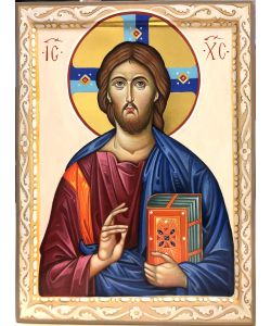 Ikone, Christus Pantokrator 24x32 cm mit Blumenschmuck