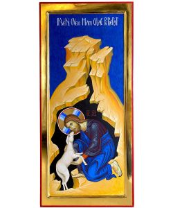 Icona Buon Pastore con pecora smarrita, 25x54 cm, culla, zeppe